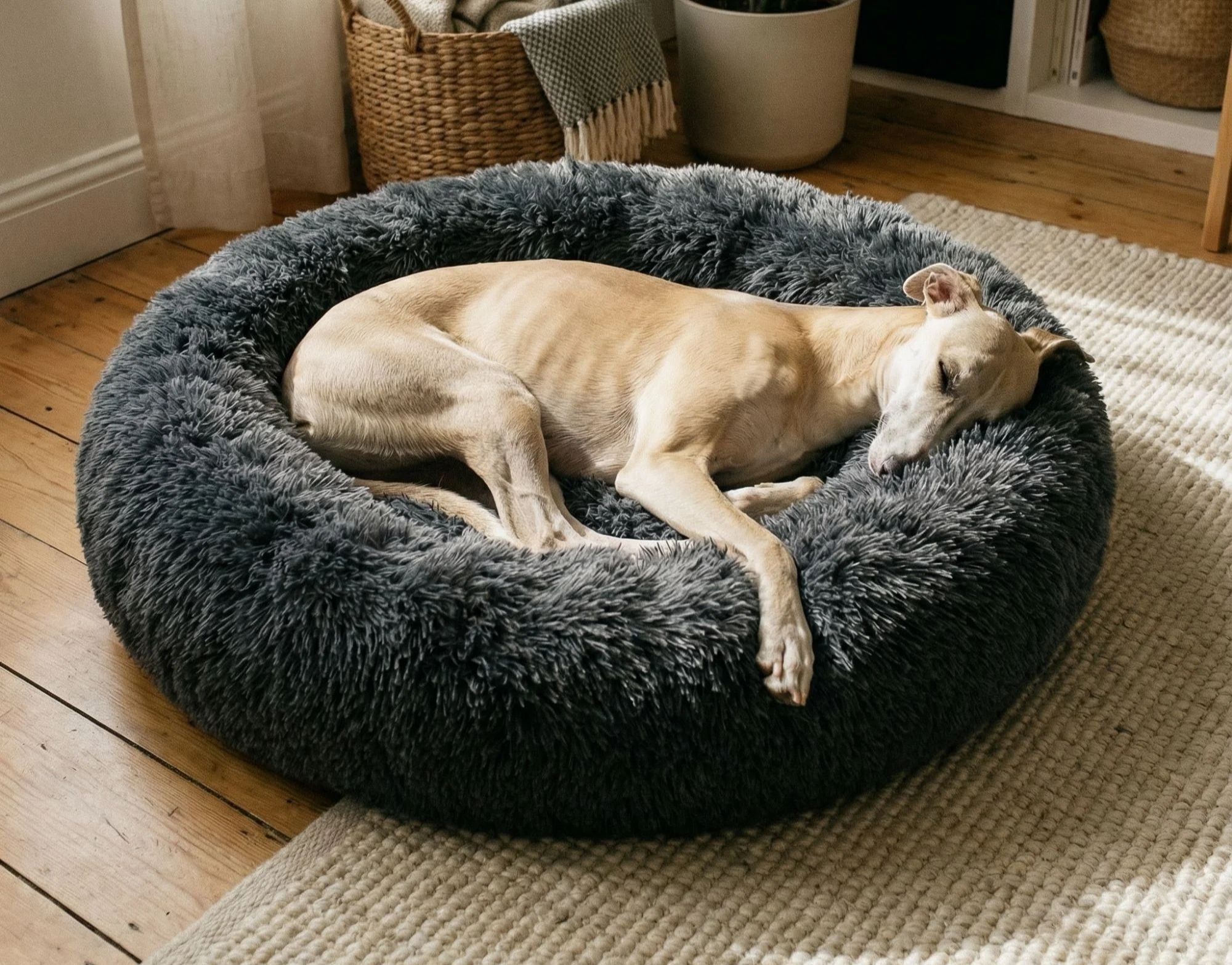 Antistresový grafitový plyšový pelech pre psa – upokojujúce miesto na spánok