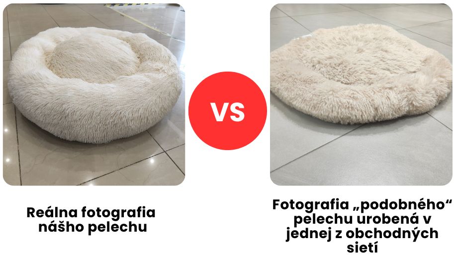 Porovnanie reálneho pelechu byBello s podobným pelechom zo sieťového obchodu – rozdiel vo výške, objeme a kvalite spracovania.